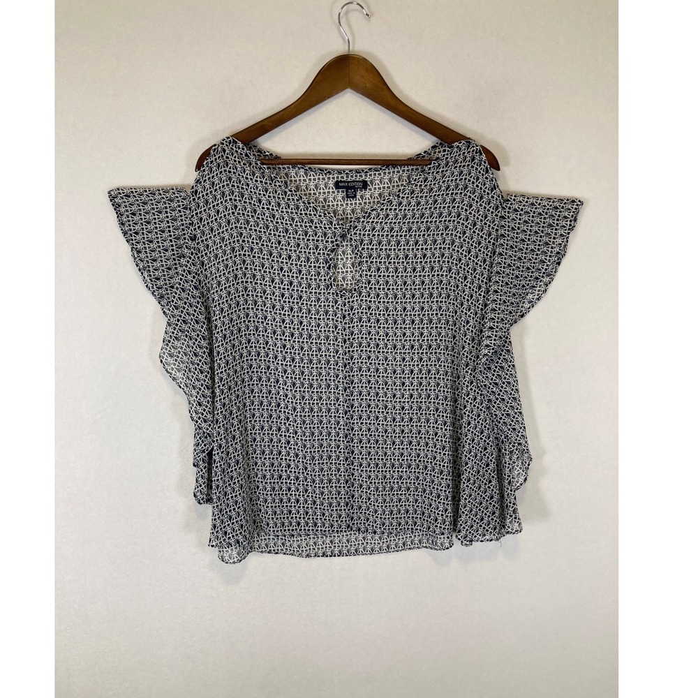 Boho Max Edition Women XLP Navy White Geometric Flutter Cold Shoulder Blouse